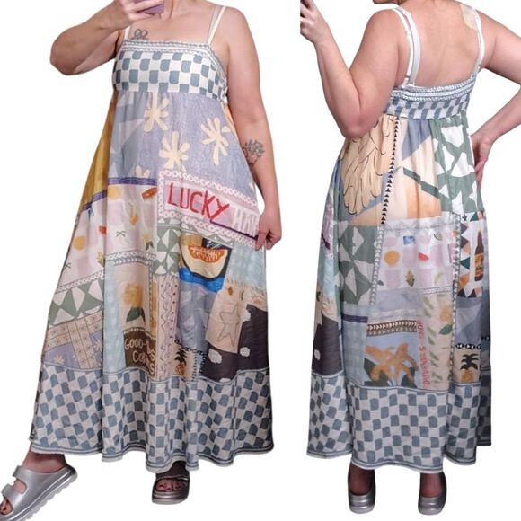 Europecore Sleeveless Picnic Print Smocked Back Midi Dress Medium - Picture 2 of 15